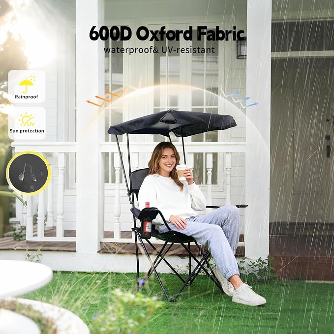 YOUNG WOOD Portable Camping Chair Beach Chair with Shade Canopy, Fold Lightweight Oversized for All, Easy to Open and Close Without Installation, Side Pocket Design for All Outdoor Activities，Black