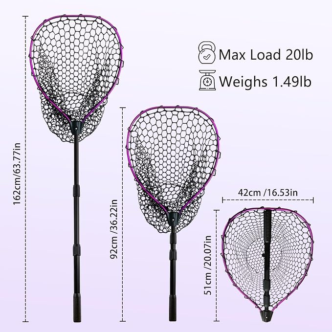 Telescoping Metal Lock Fishing Net with Handle Red Green 64" 52" Rubber Fish Net - Adjustable Length Lightweight Foldable Large Big Collapsible Extendable Fishing Net