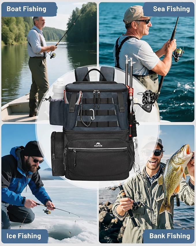MATEIN Fishing Backpack with 4 Tackle Boxes, Fishing Bag with Rod Holder & Safety Compass & Cooler, Gifts for Fishermen