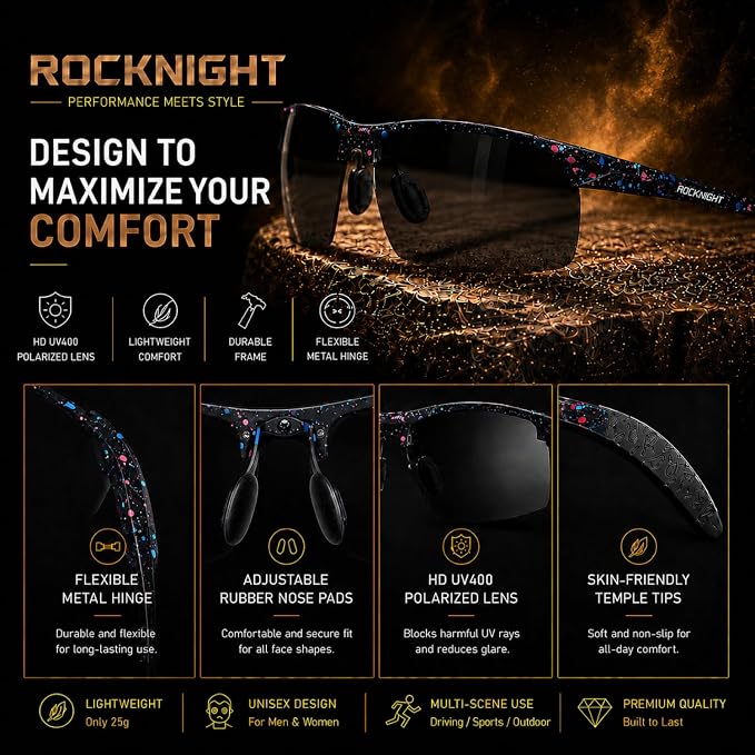 ROCKNIGHT Polarized Rectangular Sunglasses for Men Driving UV400 Protection Lightweight Al‑Mg Frame