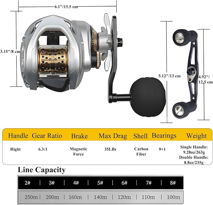 Carbon Fiber Baitcasting Reel, Baitcasting Fishing Reel for Trout Fishing, 35lbs Max Drag, 6.3:1 Gear Ratio, Double Row Magnetic Brake