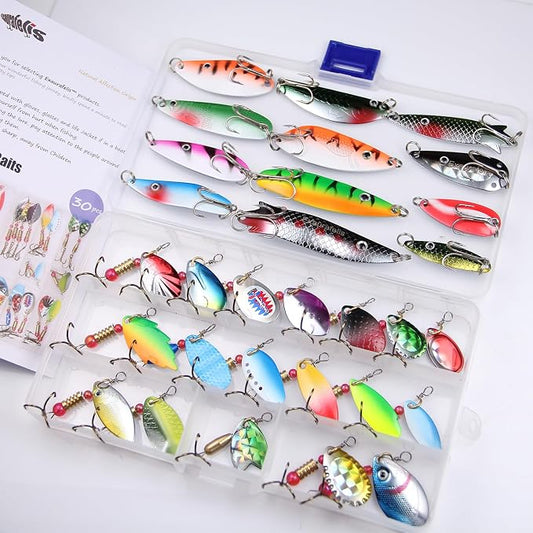 EXAURAFELIS 10/30pcs Fishing Lure Spinnerbait with Feathered Treble Hooks Rooster Tail Fishing Lures Spoon Lures for Bass Salmon Trout Spinner Baits with Tackle Box