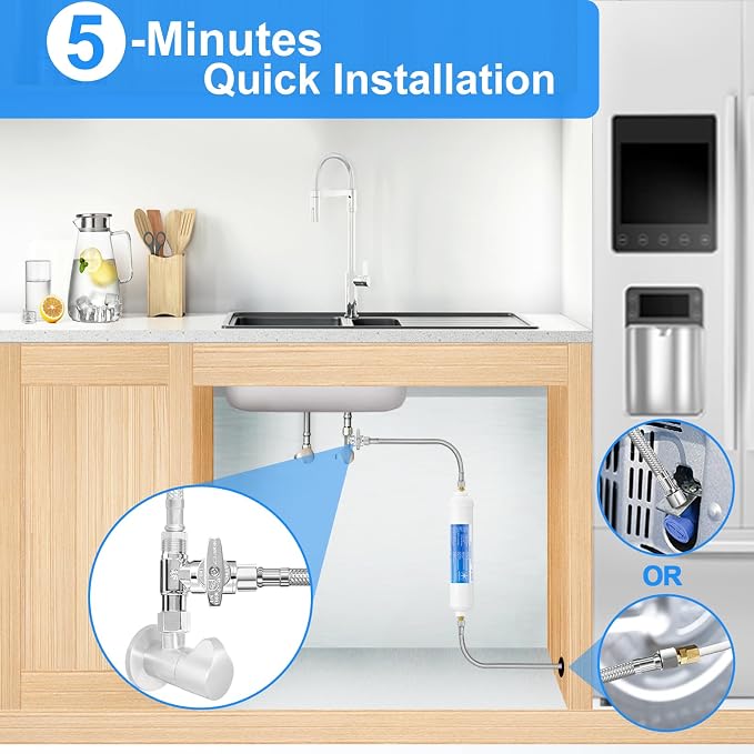 Refrigerator Water Line Kit - 10FT Stainless Steel Braided Ice Maker Water Line with Tee Stop Valve,Foodgrade PEX Inner Hose Fridge Water Line with 1/4" Comp Fitting and Tee Valve