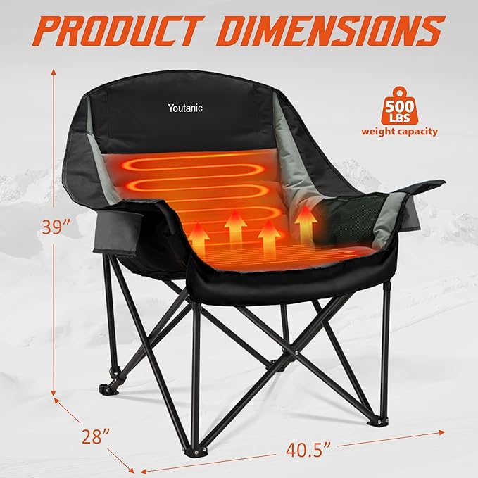 Youtanic Oversized Extra Large Heated Padded Camping Chair up to 500lbs, 3 Heat Levels Camp Chair with Carry Bag, Outdoor Heating Folding Chairs for Adults, Fishing, Sports, Picnic, Black-Gray