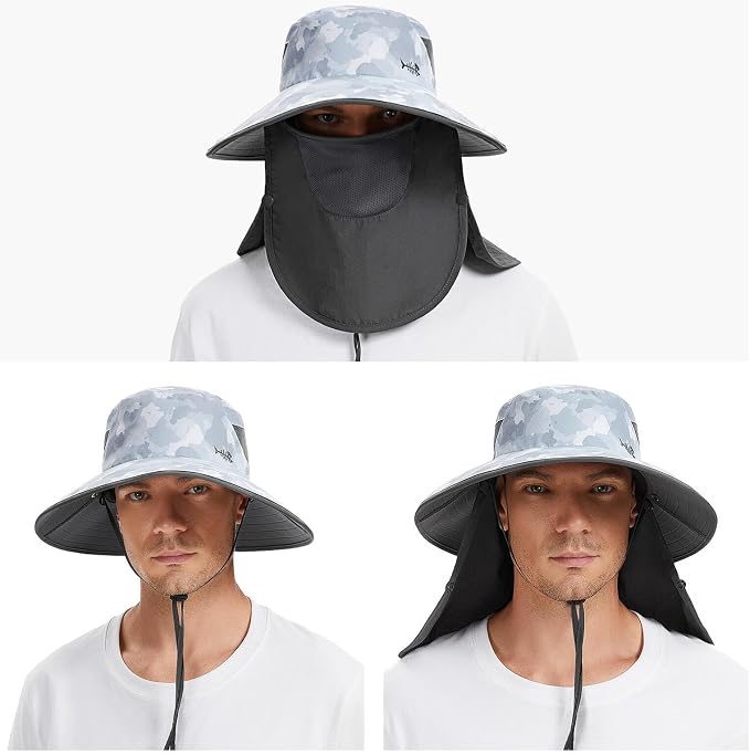 BASSDASH UPF 50+ Breathable Sun Hat with Removable Face Cover and Neck Flap Wide Brim Bucket Hat for Fishing Hiking Men Women
