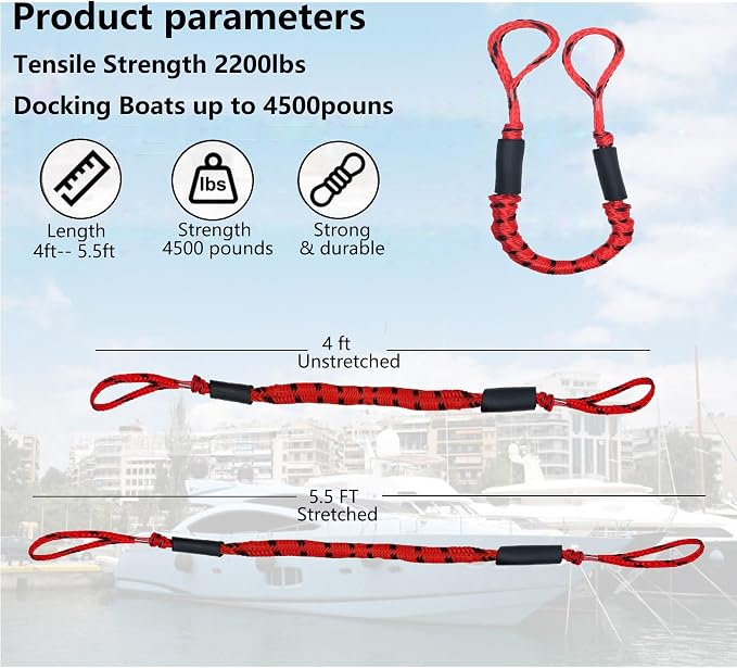 Boat Bungee Dock Lines, Mooring Rope for Docking with Loop, Boat Ropes, Boat Accessories, Quick and Easy Dock for PWC, Kayak, Seadoo, WaveRunner, Pontoon, Bass Boat (RED&Black)