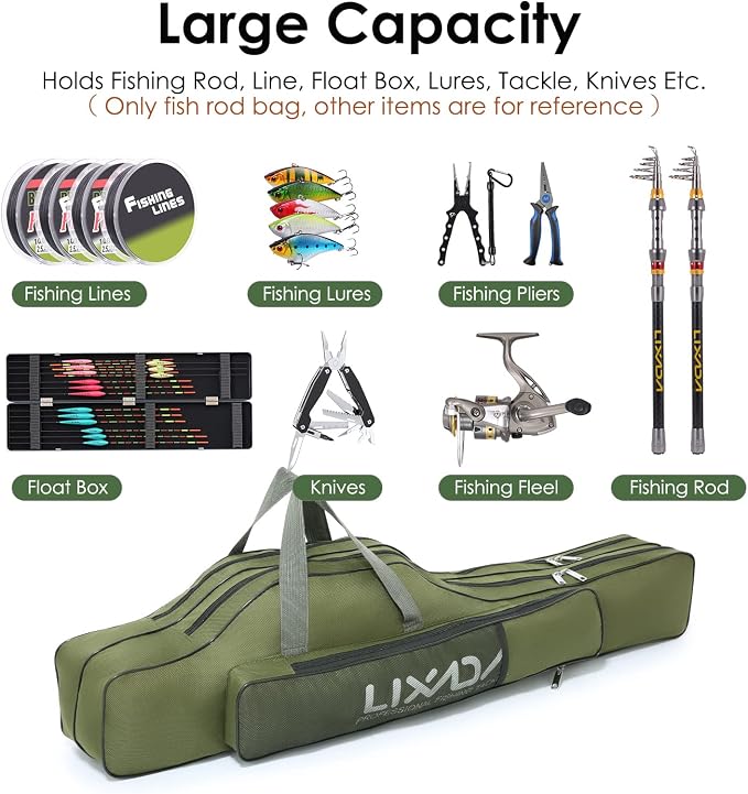 Lixada Fishing Rod Case, Portable Folding Fishing Rod Case Fishing Pole Reel Storage Bag Fishing Gears Organizer