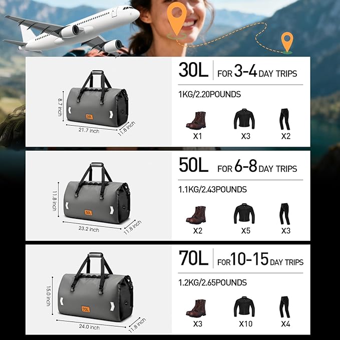 OCKLILY Waterproof Dry Bag, 70L Roll-top Motorcycle Tail Bag with Air Valve & Quick-fixed Straps, Travel Duffle Bags for Kayaking Paddle Boarding Rafting Boating Camping Riding Fishing - Grey