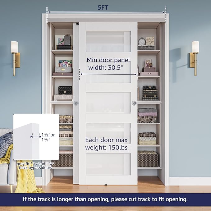 5FT Bypass Door Hardware, Closet Door Track Kit, Top-Mounted Style, Made of Heavy Duty Aluminum, Smoothly and Quietly, for 2 Doors System - Fit Min Door Panel Width of 30.5in, Silver
