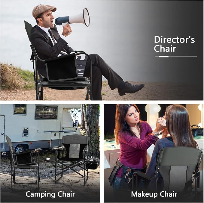 COSTWAY Folding Camping Chair, Heavy-Duty Director Chair Supports 400lbs for Adults with Side Table, Cooler Bag, Storage, Strap, Portable Makeup Chair Suitable for Fishing Picnic