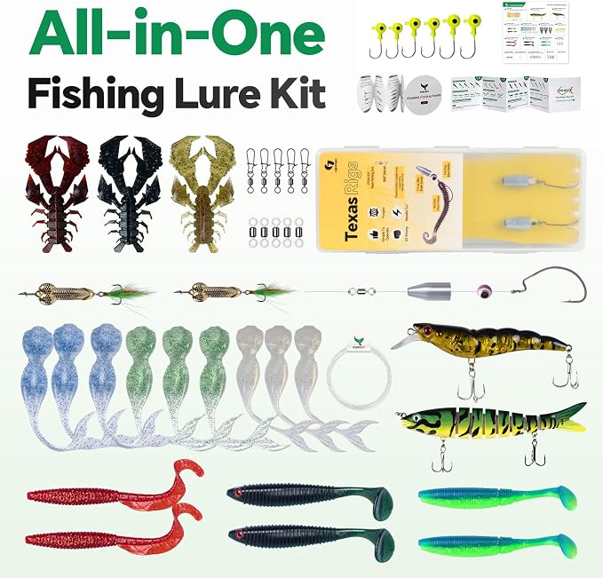 Bass Fishing Lures Kit, Freshwater Fishing Tackle Box with Soft Plastic Baits, Crawfish Lures, Swimbaits, VIB Lure, Jig Heads & Texas Rig Accessories