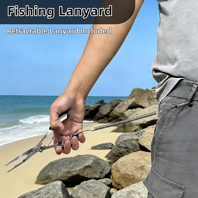 Professional 8.4 Inch Fishing Pliers with Safety Lock, Multi-Function Long Nose Hook Remover, Line Cutter, Crimper, Rustproof Stainless Steel Fishing Tool for Saltwater & Freshwater