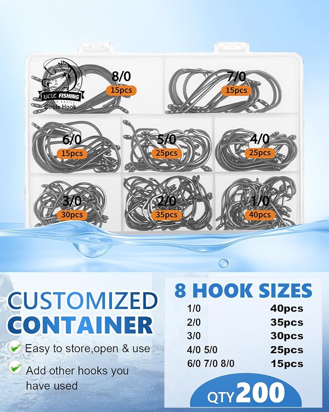 UCEC Circle Hooks Fishing Hooks 2X Strong Offset Circle Hooks Saltwater Black High Carbon Steel Octopus Catfish Fishing Hooks Fishing Gear Tackle 150pcs/ 240pcs - Size:#1 1/0 2/0 3/0 4/0 5/0 6/0 8/0