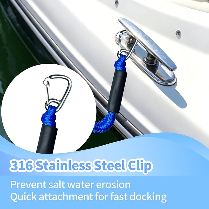Bungee Dock Line with Stainless Steel Clip Boat Rope Mooring String with Foam Float for Docking,Kayak,Watercraft,SeaDoo,Pontoon,Canoe,Power Boat Accessory,7-10ft (Blue,with One Hook)