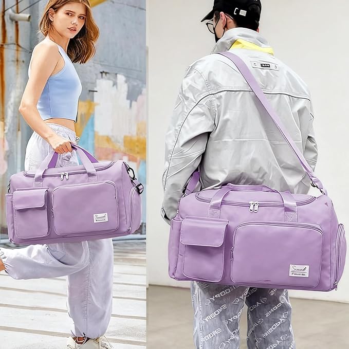 Suruid Gym Bag for Women Men, Travel Duffle Bag Large Capacity Carry On Weekender Bag With Shoe Compartment Gym Tote Dry Wet Separation Duffel Bag with Makeup Bag, Purple
