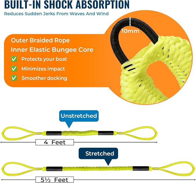 2PCS 4 Feet Premium Bungee Boat Lines 27cm Extended Loop Boat Accessories for Mooring for Jet Ski, SeaDoo, Yamaha WaveRunner Dinghy Pontoon Accessories Boating Gifts(Neon Yellow)