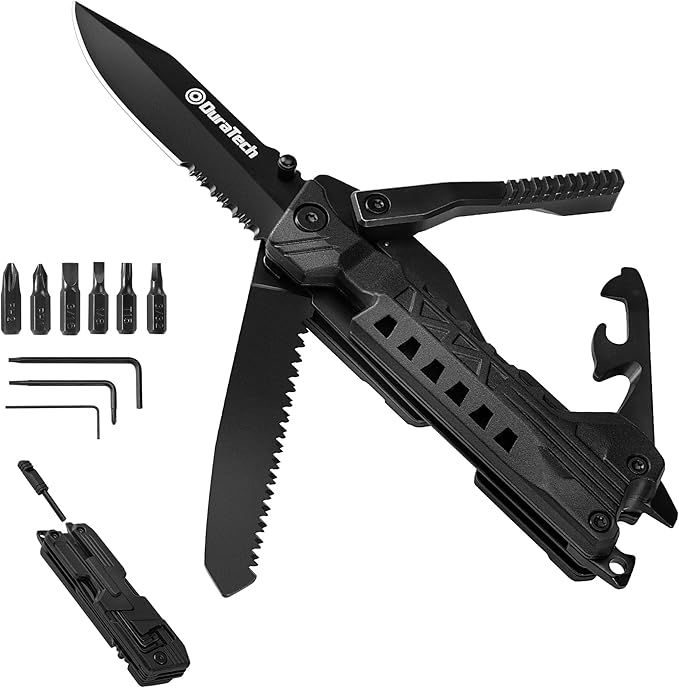DURATECH 20 in 1 Multitool with Safety Locking, Gift for Men Dad, with Pocket Knife, Screwdriver, Saw, Can Opener, Bottle Opener, Whistle, Fire Starting Sticks, Multi Tool for Outdoor, Hunting, Hiking