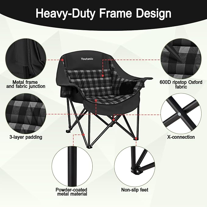 Youtanic Oversized Extra Large Padded Camping Chair, Heavy Duty 400 lbs Foldable Lawn Chair, Ergonomic Outdoor Seat with Plaid Design, Cup Holders & Storage Pockets for Fishing, Sports, Black
