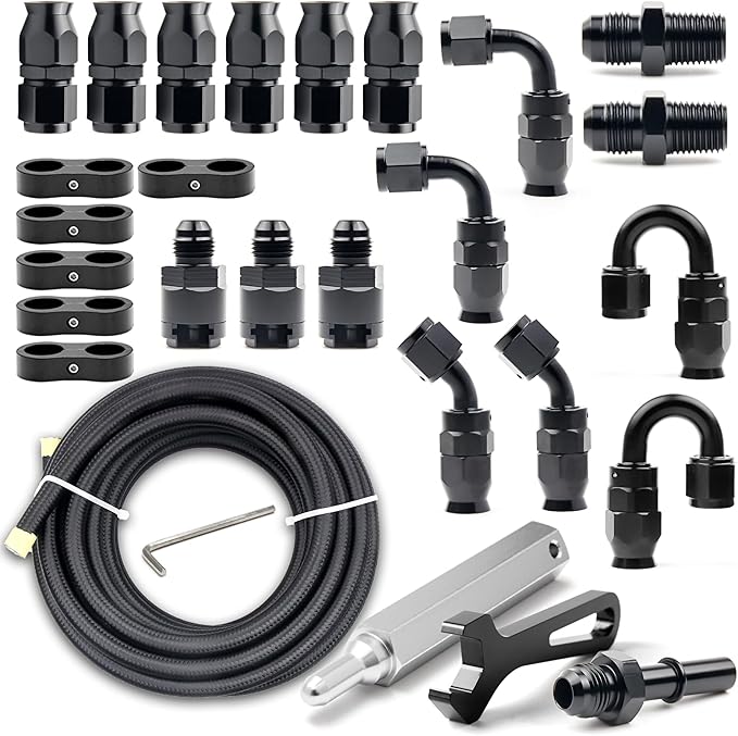 8AN PTFE Fuel Line Kit, 13/32" Nylon Stainless Steel Braided, LS Swap EFI E85 Injection Fuel Hose Fitting AN8 26FT