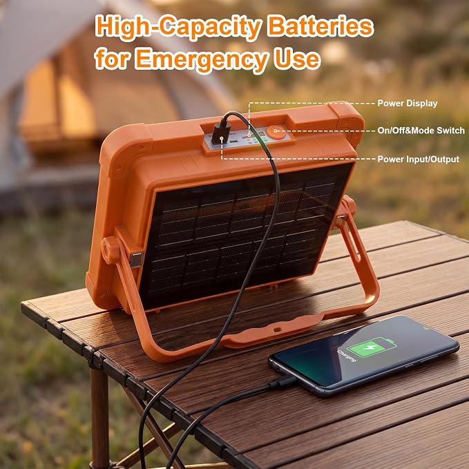 120W Solar Rechargeable Work Light, 192 LED 10000LM Portable Flood Light with Stand，LED Work Light with 5 Modes，IP66 Waterproof Outdoor Light for Mechanic Camping Fishing Repair (1)