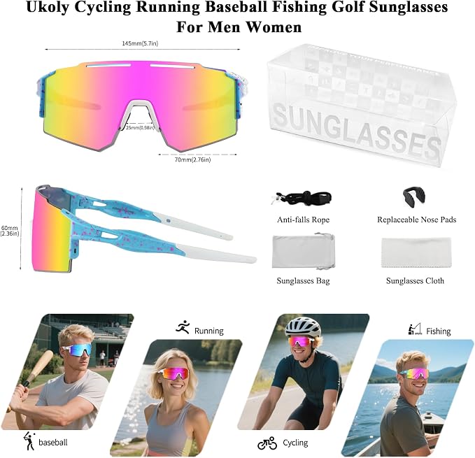 Ukoly Cycling Sunglasses for Men Women with 3 Interchangeable Lenses, Polarized Sports Sunglasses, Baseball Sunglasses