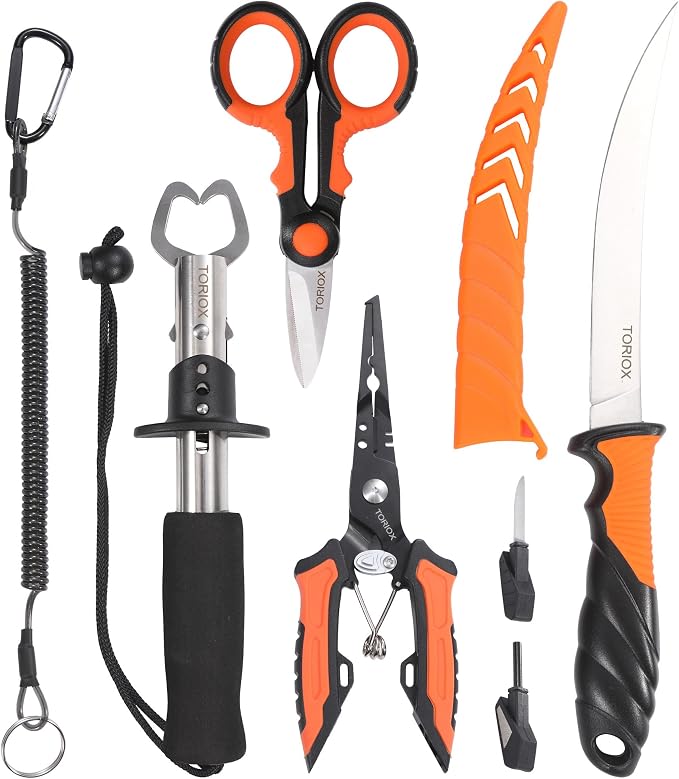 TORIOX Fishing Tool Kit with Fishing Pliers, Fish Lip Gripper, Fillet Knife & Braid Scissors, Saltwater Freshwater Fishing Accessories Set, Fishing Gear Gift for Men