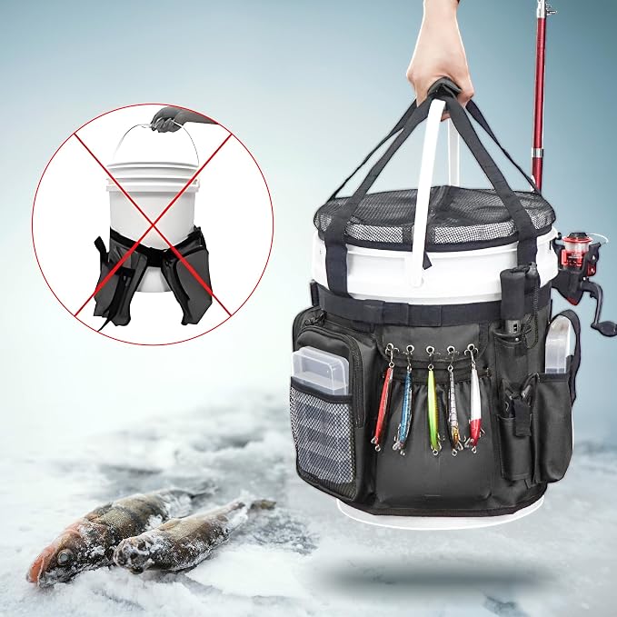 Fishing Bucket Organizer with Bucket Cover Fishing Tackle Bag with Rod & Plier Holder, Multi-Pockets for 5 Gallon Bucket Fishing Gear & Accessories Father Gifts