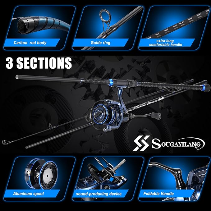SOUGAYILANG Surf Fishing Rod and Reel Combo, Heavy 3-Piece Travel Spinning Rod with Reel for Red Drum, Striped Bass, Beach & Saltwater Fishing(9'/10'/11'/12')
