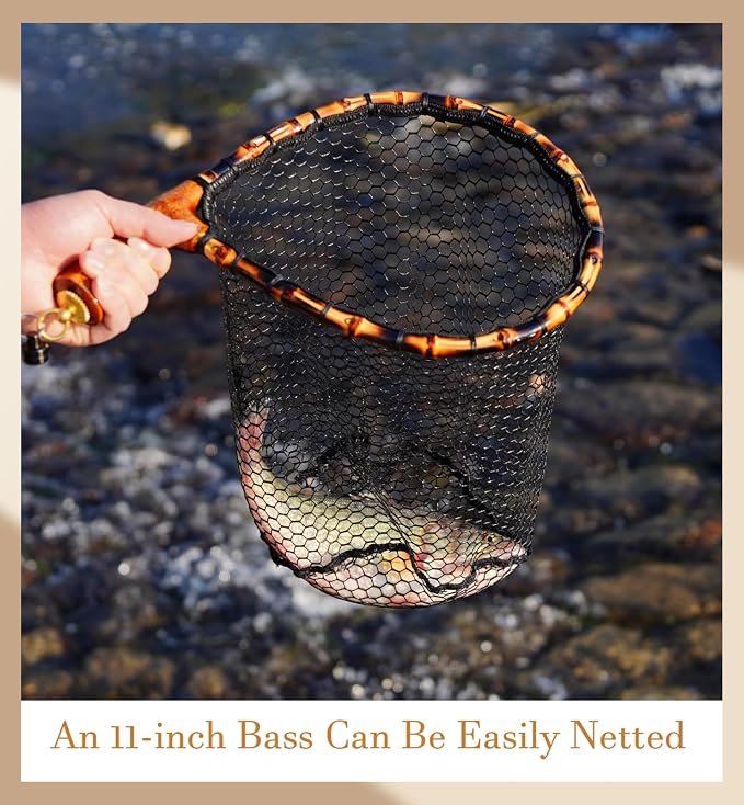 Fly Fishing Net with Release, Lightweight Trout Fishing Net with Wooden Handle Frame, Rubber-Coated Mesh Landing Nets for Minnow, Catch and Release
