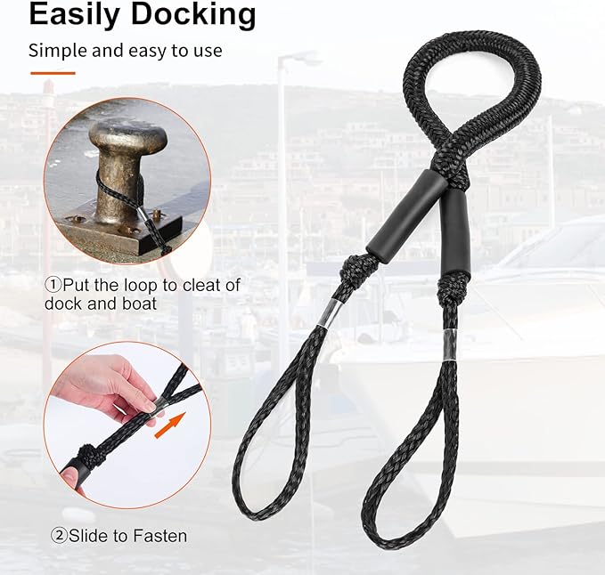 Bungee Dock Lines - Boat Accessories - 4 Feet Shock Cords Docking Rope Mooring Rope for PWC,Jet ski,Pontoon,Kayak,Canoe,Power Boat,Watercraft (Black)