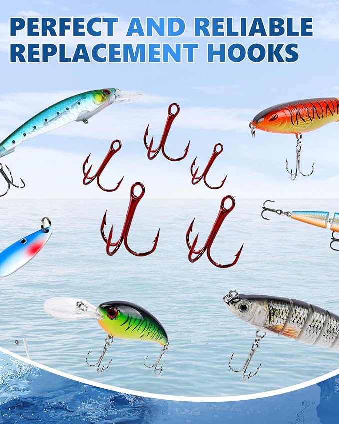 UCEC Fishing Hooks Treble Hooks Kit for Saltwater Freshwater, High Carbon Steel Strong Sharp Round Bend for Catfish Trout Hard Baits Lures, Size #1#2#4#6#8#10#12#14 110/50/210 Pack with Split Rings