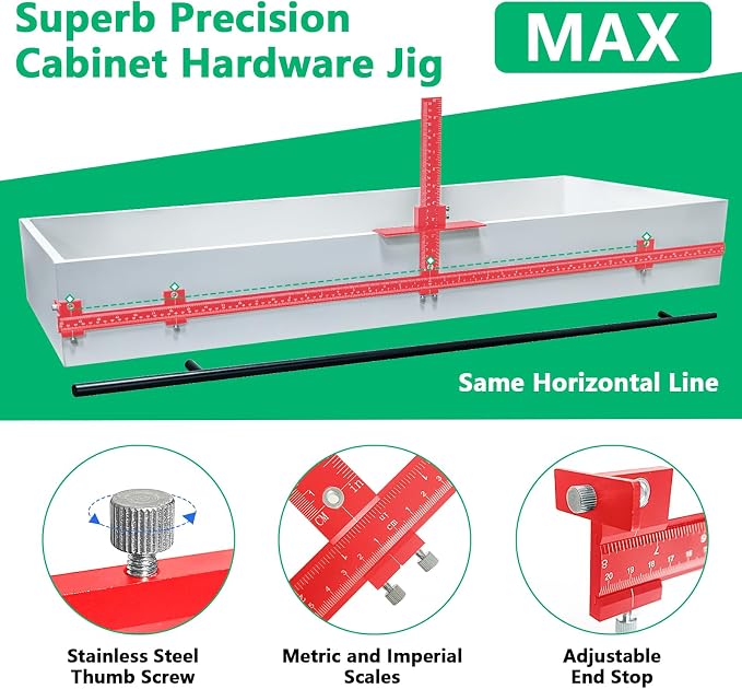 44" & 16" Max Cabinet Hardware Jig Kit, Cabinet Handle Jig and Auto Center Punch, Aluminum Alloy Cabinet Handle Template Drill Guide, Cabinet Pull Jig for Long Handles/Knobs/Pulls, Drawer/Door