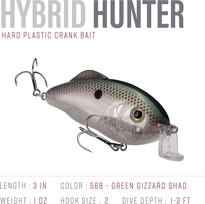 Strike King Hybrid Hunter Shallow Jr. Fishing Lure, Shallow Diving Crankbait, 90-Degree Bill, 3D Eyes, Loud Rattle, Dives 1 to 3-Feet,Size 4 & 6 Treble Hooks