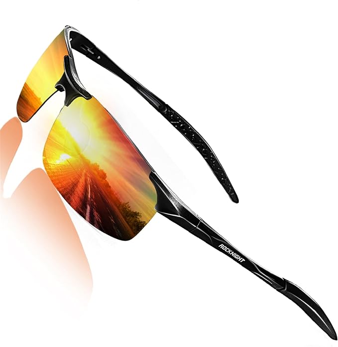 ROCKNIGHT Polarized Rectangular Sunglasses for Men Driving UV400 Protection Lightweight Al‑Mg Frame