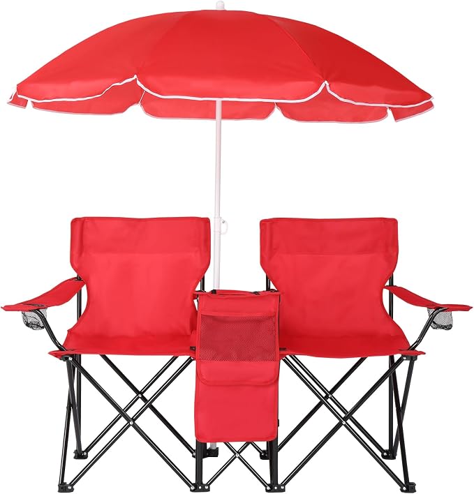 Portable Double Folding Picnic Chair with Removable Sun Umbrella and Cooler Bag, 2-Seat Outdoor Camping Chair with Cup Holders & Carrying Bag for Beach, Fishing, Patio, Red