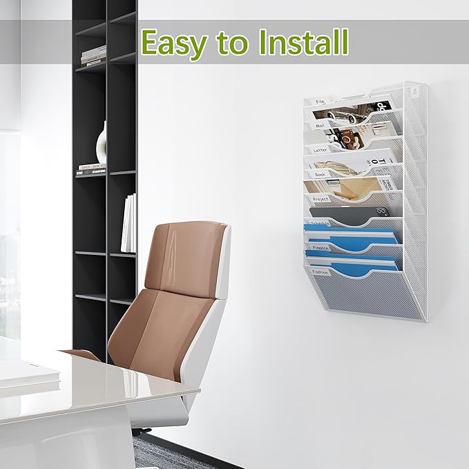 EasyPAG 8 Pocket Mesh Wall File Organizer, Hanging Paper Folder Holder with Classify Label, Vertical Wall Mount Mail Organizer for Office Home Classroom, White