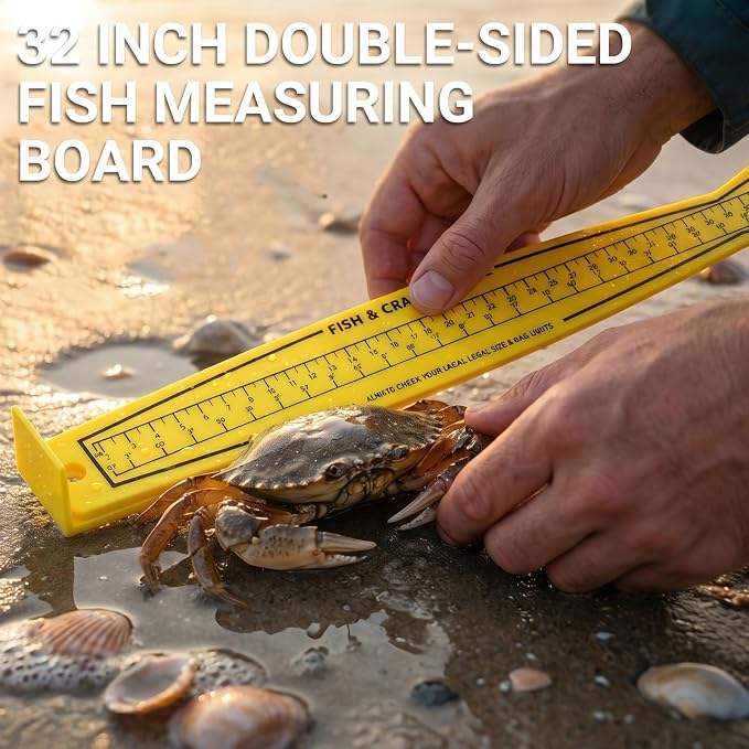 Dnyta Fish Measuring Board, 32in Foldable Portable Double-Sided Fish Ruler, Precise Measurement for Fishs and Crabs, Yellow
