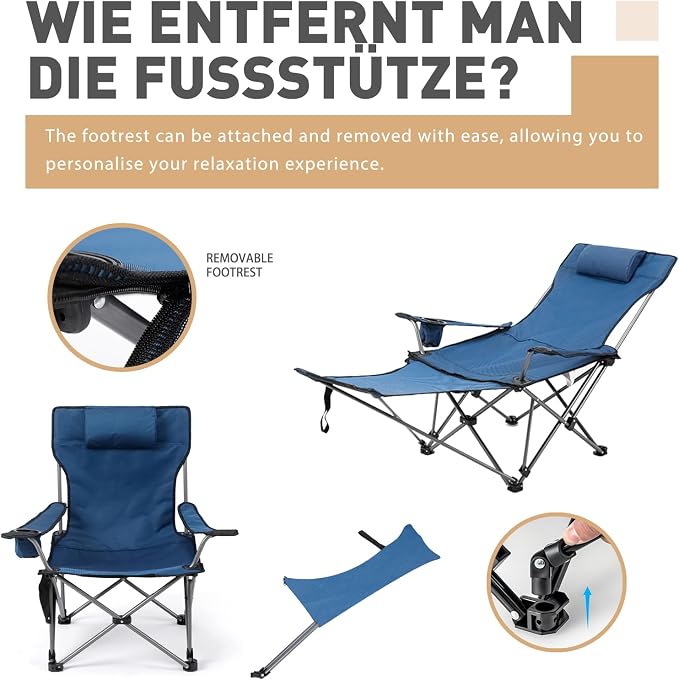 Reclining Folding Camping Chair with Removabel Footrest, Adjustable Folde Camping Chair with Foot Rest, Camp Lounge Outdoor Beach Chair, Oxford Fabric Reclining Design with Pillow Cup Holder, Blue