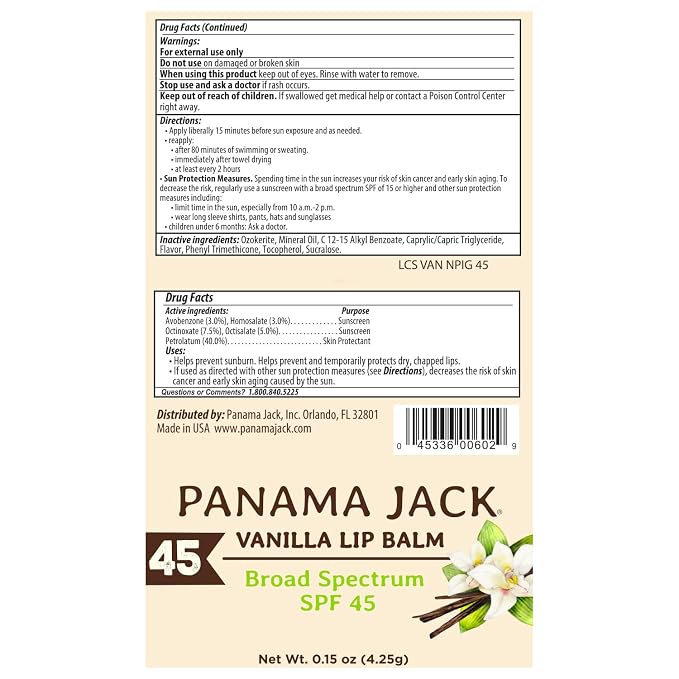 Panama Jack Sunscreen Lip Balm - SPF 45, Flavor Pack, Broad Spectrum UVA-UVB Sunscreen Protection, Prevents & Soothes Dry, Chapped Lips (5 Pack)