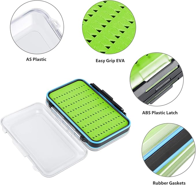 Gonex Fly Boxes for Fly Fishing Jig Boxes Two-Sided Waterproof Lightweight Fly Fishing Box Easy Grip Transparent Lid Fly Fishing Lures Box, 5.9"x 3.8"x 1.77", Green