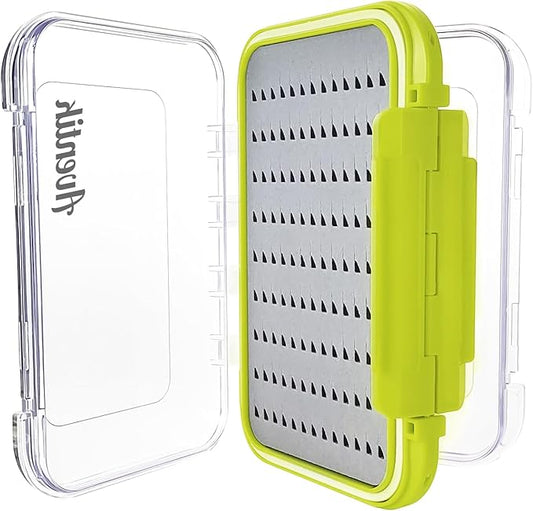 Aventik Waterproof Clear Fly Box Double Sides Floating Lightweight Fly Fishing Case Large Capacity Grip Foam Nymph Wet Dry Flies Lure Box(H18 Green, SIZE B:6.08X4X1.6inch)