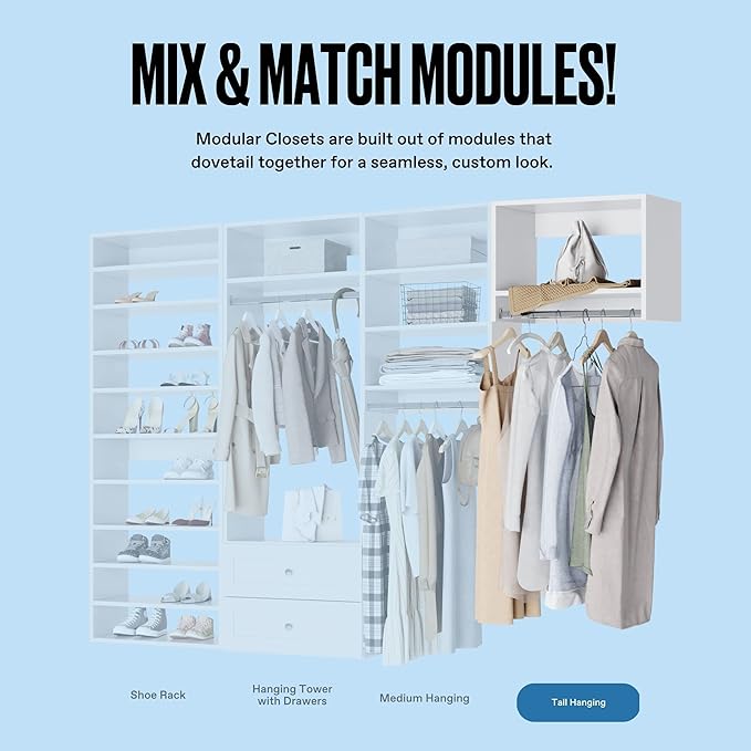 MC Modular Closets Vista Collection Tall Hanging Closet Organizer with Rod and Shelf (White, 19.5 Inches Wide)