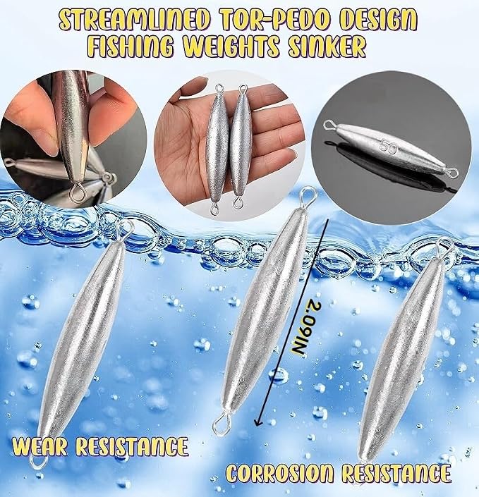 10PCS Fishing Weights Torpedo Sinkers Inline Trolling Sinkers Weights Kit Fishing Sinkers Catfishing Sinkers Saltwater Fishing Torpedo Weights Double Ring Sinkers - 1oz(30g)