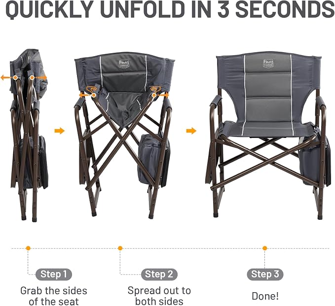 TIMBER RIDGE Lightweight Camping Chair, Portable Laurel Director's Chair with Foldable Side Table, Cooler Bag & Mesh Pocket, Compact Outdoor Folding Lawn Chair, Supports 300lbs, Grey