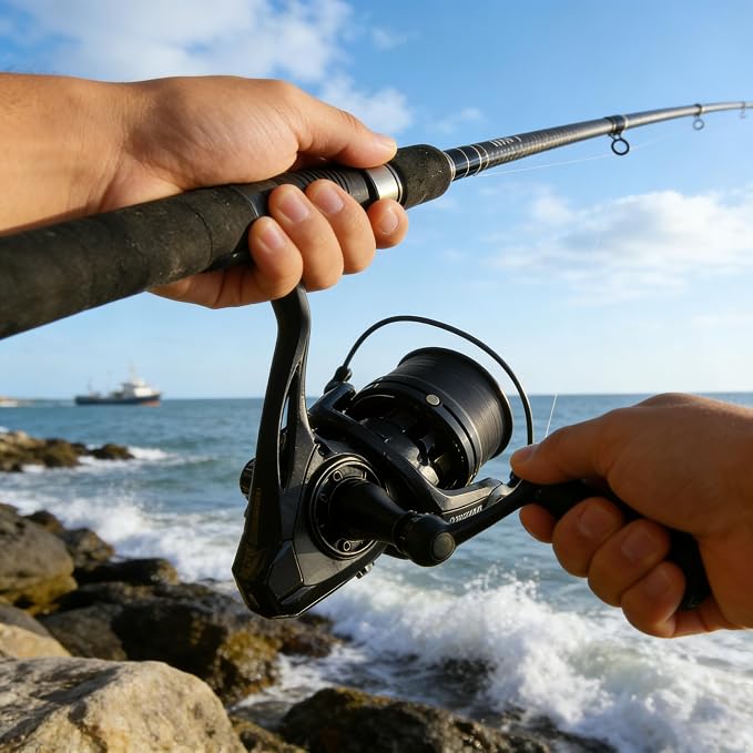 Heavy Duty Spinning Reel Metal Body with CNC Machined Spool 55LB Max Drag 6/8+1 Bearings Ultra Smooth 4.6/4.8:1 High Speed Gear Ratio Saltwater Freshwater Fishing Reel for 8000 to 14000 Series
