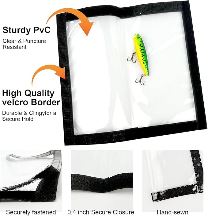 4Pcs Fishing Lure Wraps, Durable & Clear PVC Lure Covers to Keep Hooks Safe, Lures Fishing Hook Covers Bait Storage Easily See Lures, Open and Close Hook & Loop (Large (7.8” x 44”))