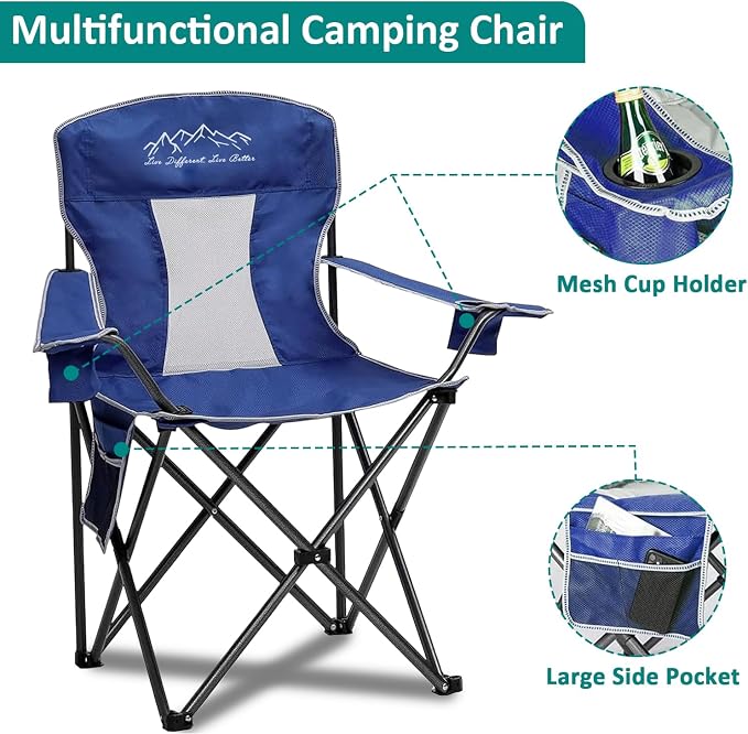Outdoor Folding Camping Chair with Cup Holder, Storage Bag, Large Anti-Sink Feet, 400lbs Capacity, 2 Pack Breathable Mesh Portable Chair for Camping, Beach, Fishing, Sports, Blue
