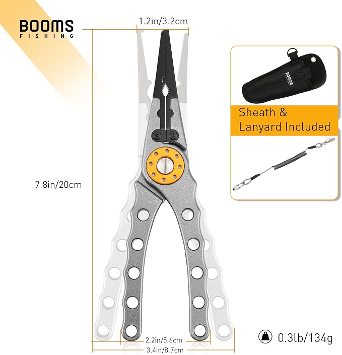 Booms Fishing X1 Aluminum Fishing Pliers Saltwater, Surf Fishing Tackle Kit, Fishing Multitool Hook Remover Braided Fishing Line Cutting and Split Ring with Coiled Lanyard and Sheath