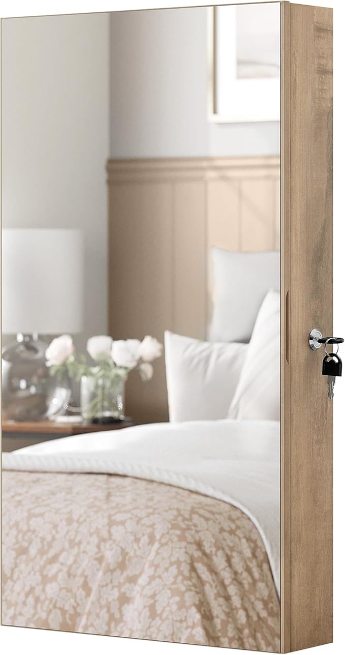 SONGMICS Mirror Jewelry Cabinet Armoire with Built-in LED Lights, Wall or Door Mounted Jewelry Storage Organizer, 3.8 x 14.6 x 26.4 Inches Hanging Mirror Cabinet, Gift Idea, Camel Brown UJJC050N01