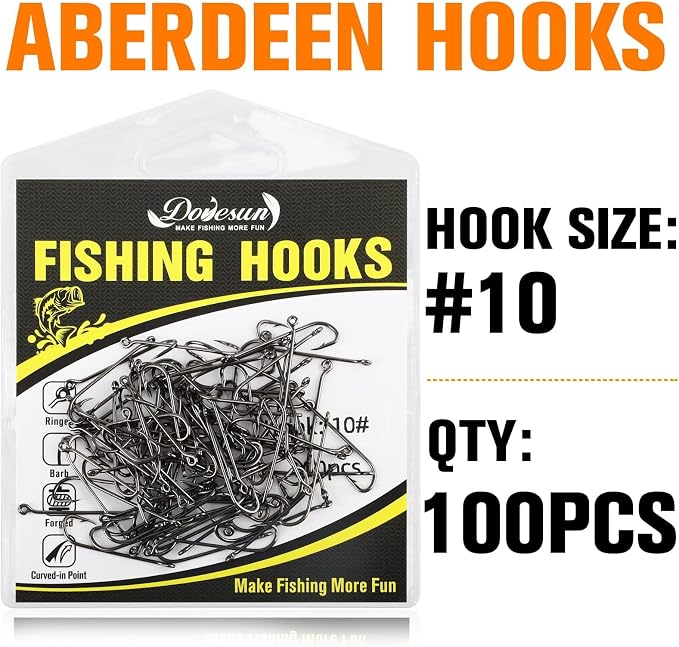 Dovesun Fishing Hooks Freshwater Aberdeen Fishing Hooks 100Pcs Long Shank High-Carbon Steel Worm Hooks Small Bass Trout Crappie 12# 10# 8# 6# 4# 2# 1# 1/0 2/0